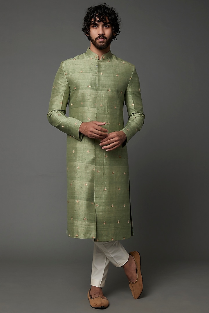 Sage Green Embroidered Wedding Sherwani by Kaleidoscope at Pernia's Pop Up Shop