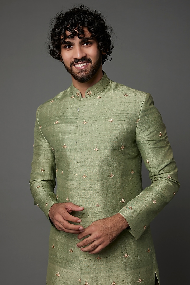 Sage Green Embroidered Wedding Sherwani by Kaleidoscope at Pernia's Pop Up Shop