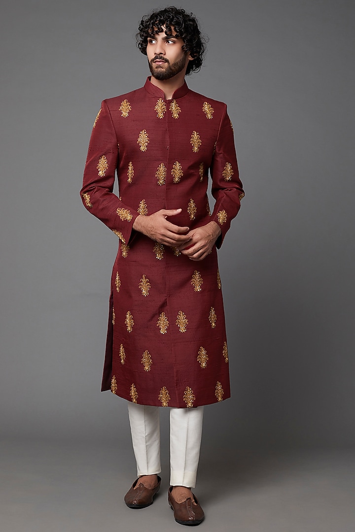 Maroon Embroidered Sherwani by Kaleidoscope