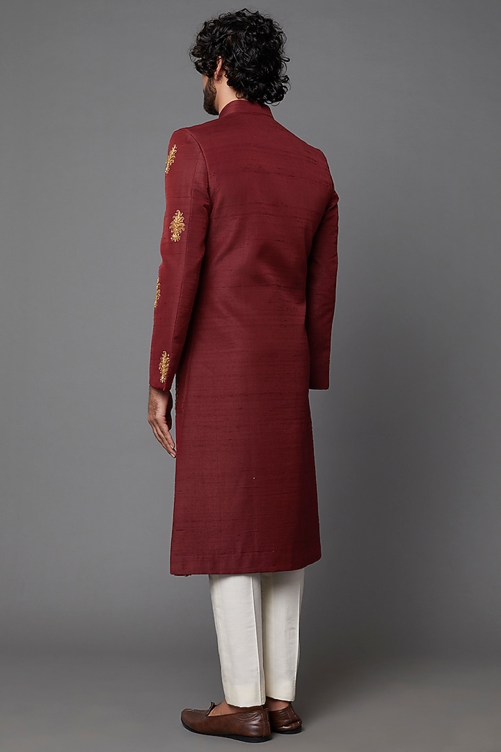 Maroon Embroidered Groom Sherwani by Kaleidoscope at Pernia's Pop Up Shop
