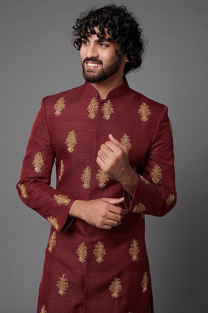 Maroon Embroidered Groom Sherwani by Kaleidoscope at Pernia's Pop Up Shop