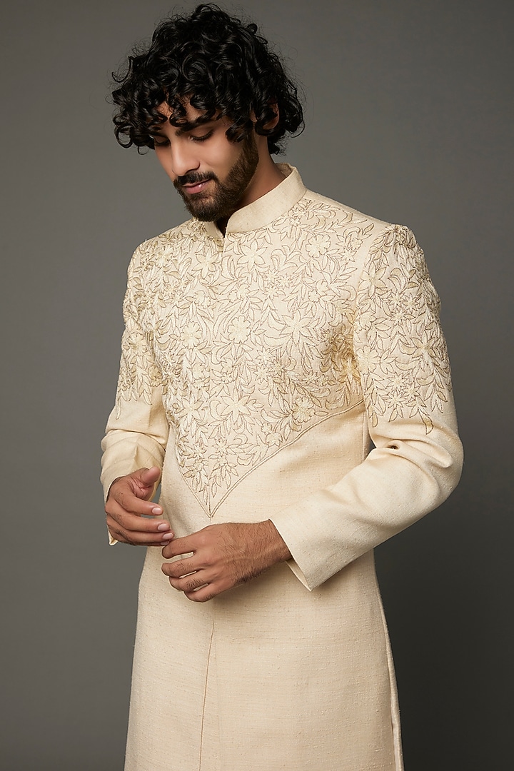Off-White Embroidered Wedding Sherwani by Kaleidoscope at Pernia's Pop Up Shop