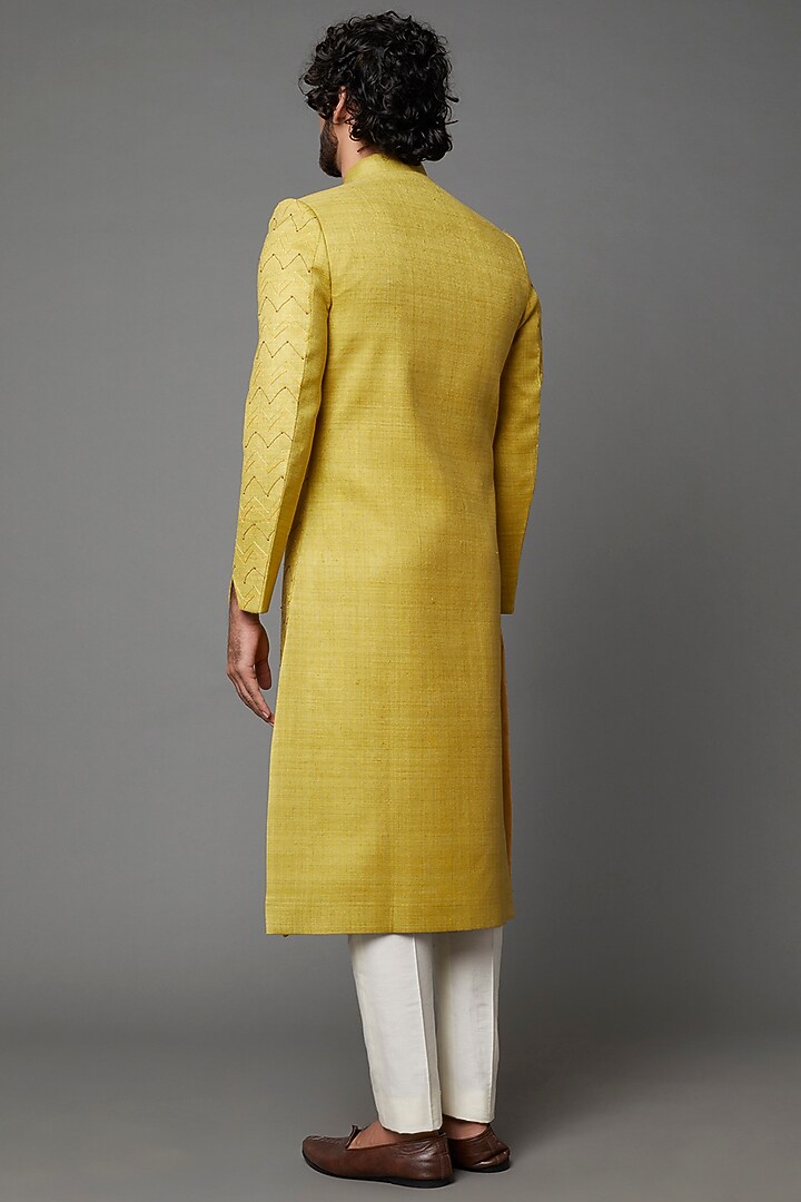 Greenish Yellow Embroidered Wedding Sherwani by Kaleidoscope at Pernia's Pop Up Shop