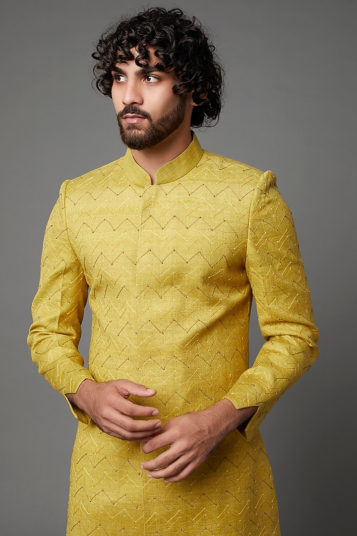 Greenish Yellow Embroidered Wedding Sherwani by Kaleidoscope at Pernia's Pop Up Shop