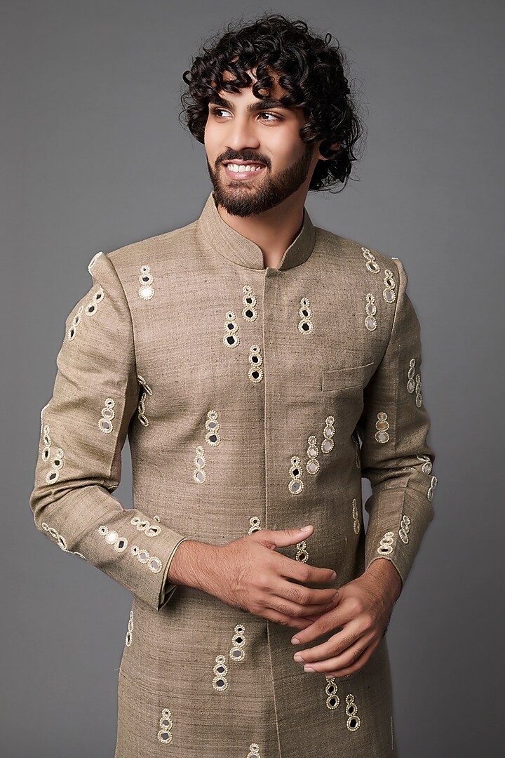 Grey Embroidered Wedding Sherwani by Kaleidoscope at Pernia's Pop Up Shop
