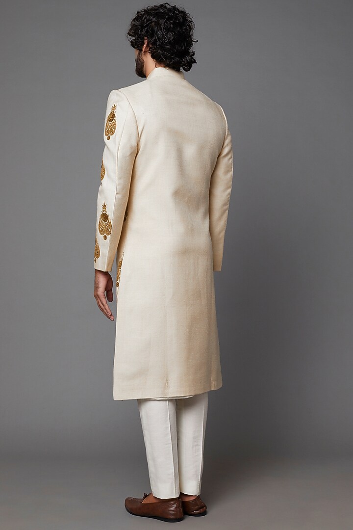 Beige Cream Silk Groom Sherwani by Kaleidoscope at Pernia's Pop Up Shop