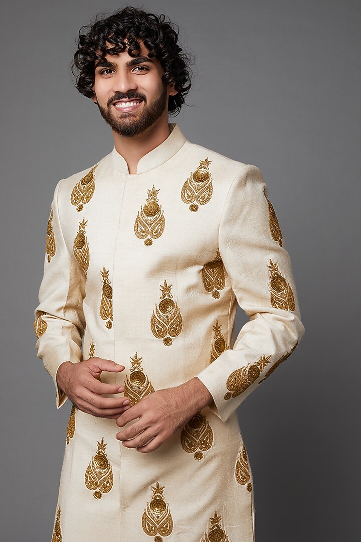 Beige Cream Silk Groom Sherwani by Kaleidoscope at Pernia's Pop Up Shop