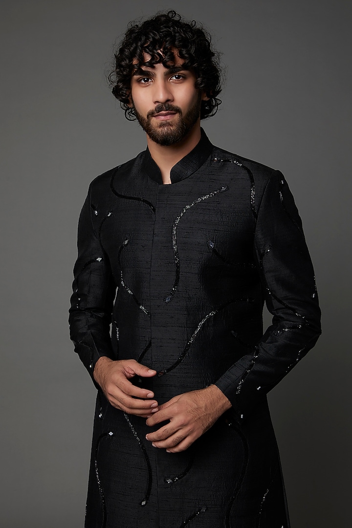 Black Embroidered Wedding Sherwani by Kaleidoscope at Pernia's Pop Up Shop
