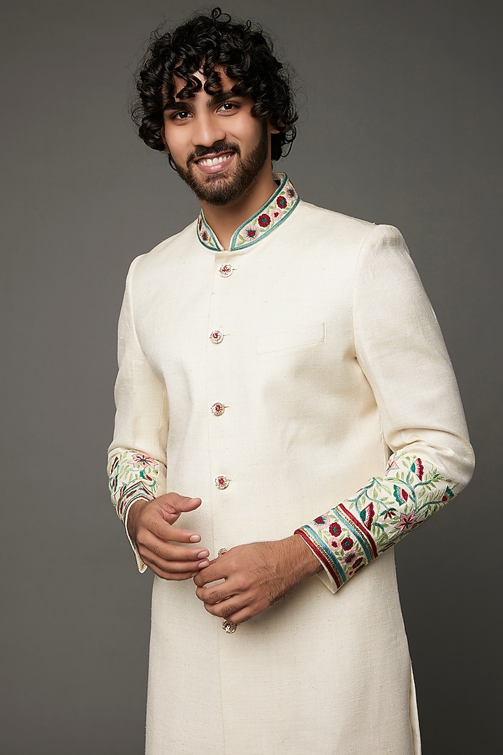 Off-White Embroidered Wedding Sherwani by Kaleidoscope at Pernia's Pop Up Shop
