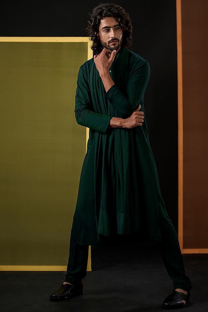 Dark Green Cotton Silk Kurta Set by Kaleidoscope