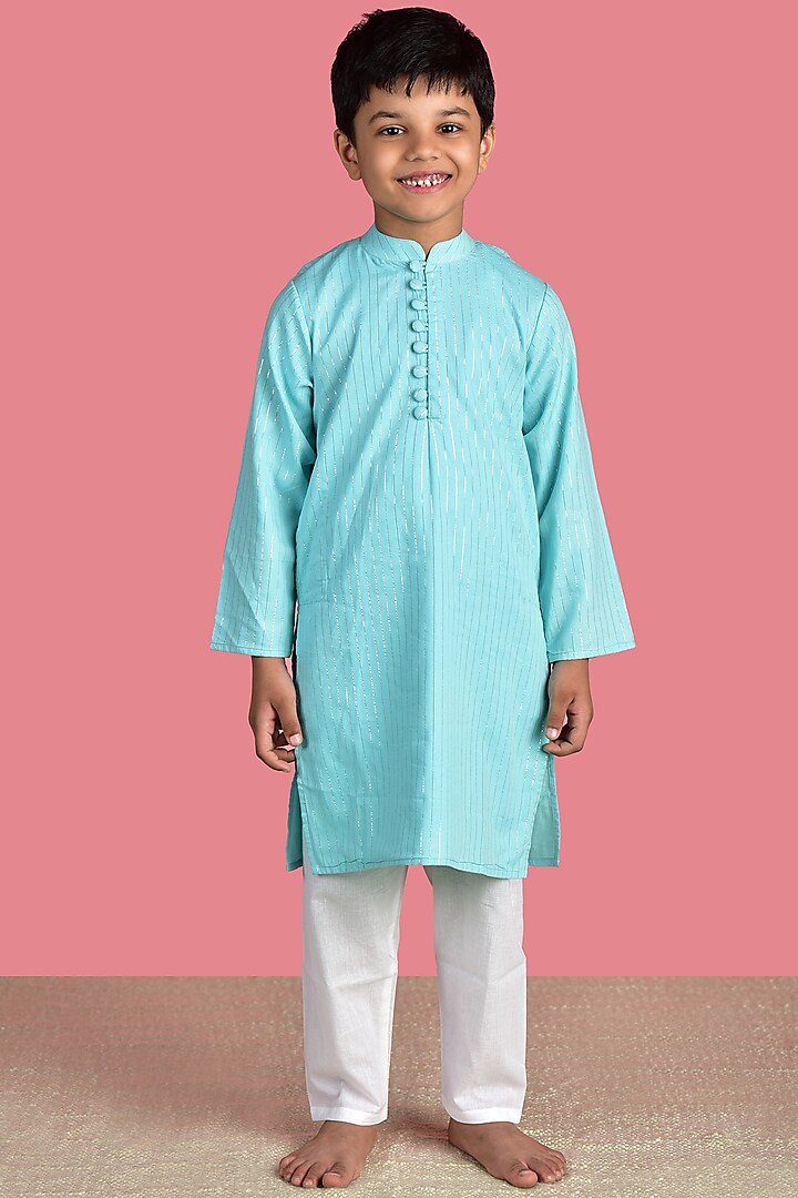 Aqua Cotton Blue Lurex Kurta Set For Boys by THE COTTON STAPLE