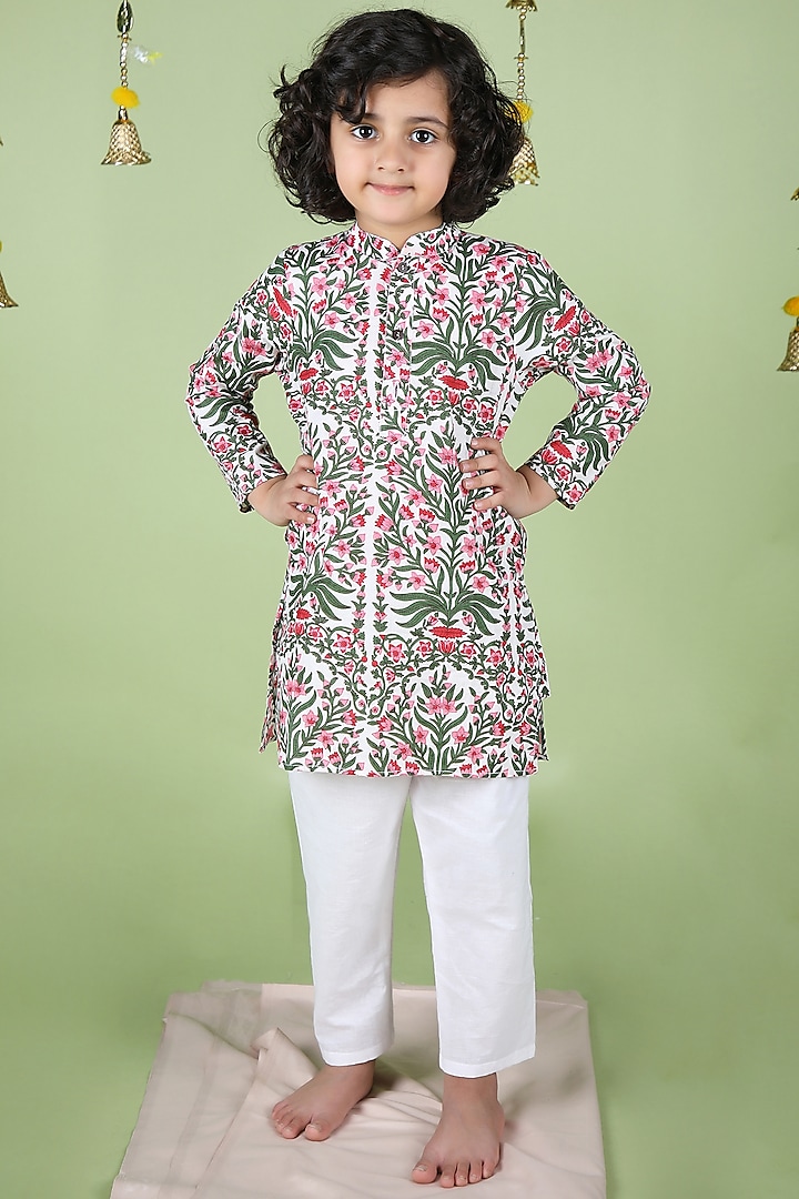 White Hand Block Printed Kurta Set For Boys by THE COTTON STAPLE