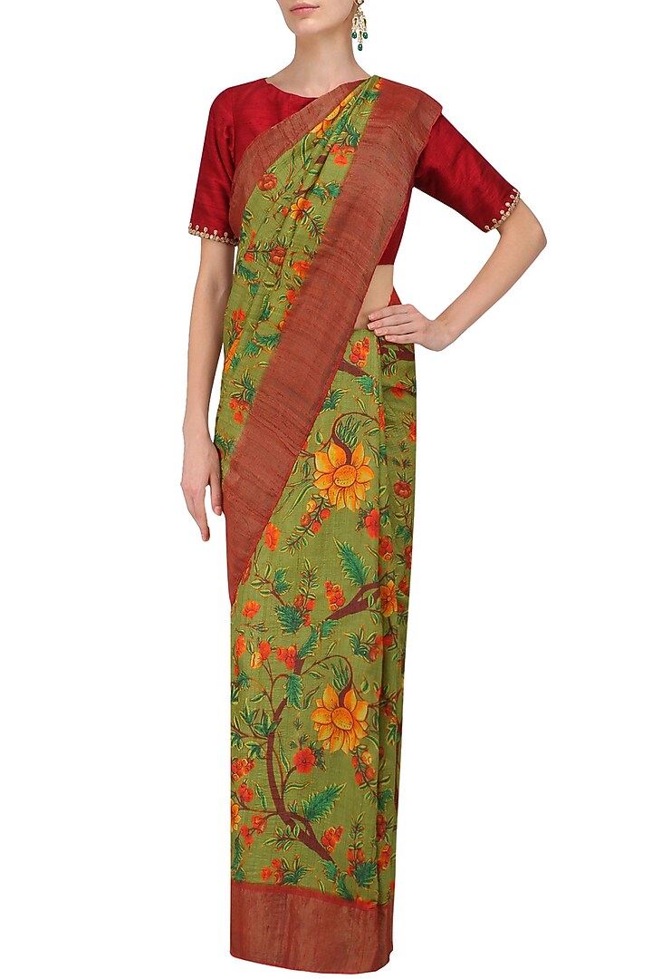 Green floral print saree with unstitched blouse piece available only at Pernia's Pop Up Shop.