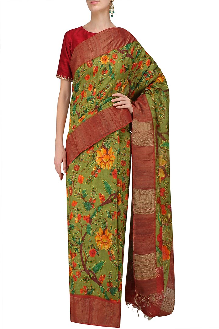 Green floral print saree with unstitched blouse piece available only at Pernia's Pop Up Shop.