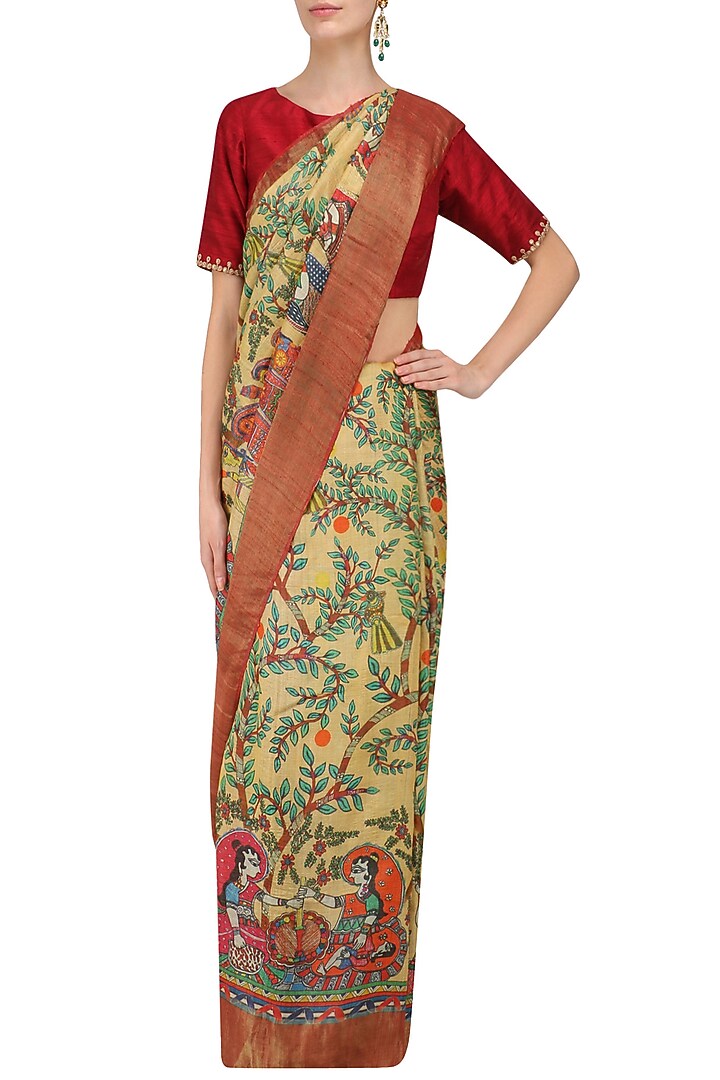 Yellow floral print saree with unstitched blouse piece available only at Pernia's Pop Up Shop.