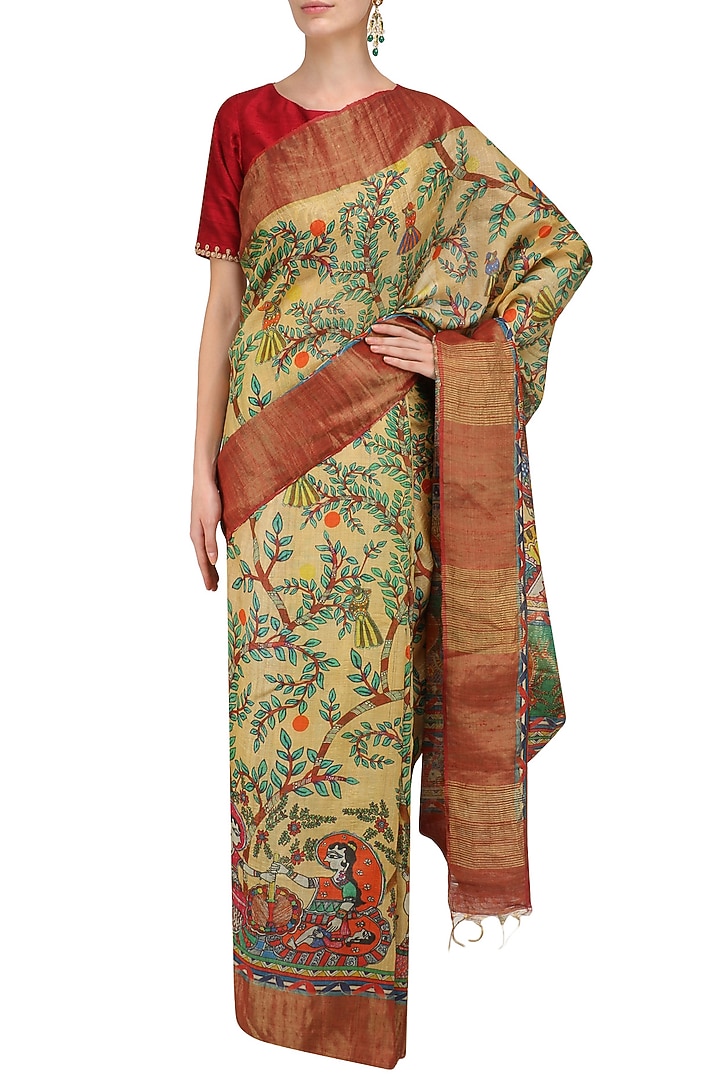 Yellow floral print saree with unstitched blouse piece available only at Pernia's Pop Up Shop.
