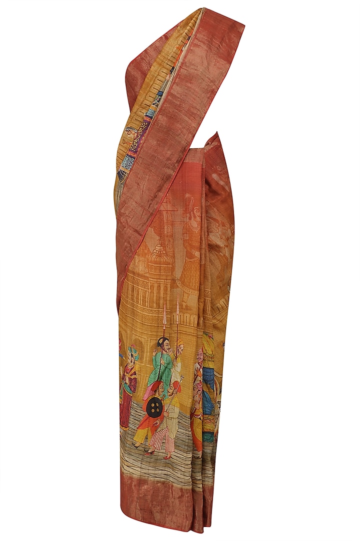 Rust and Yellow Ombre Shaded Saree with Unstitched Blouse Piece by Karma Designs