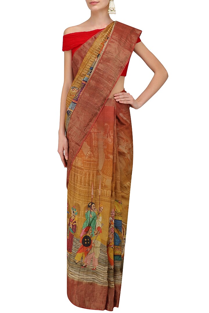 Rust and yellow ombre shaded saree with unstitched blouse piece available only at Pernia's Pop Up Shop.