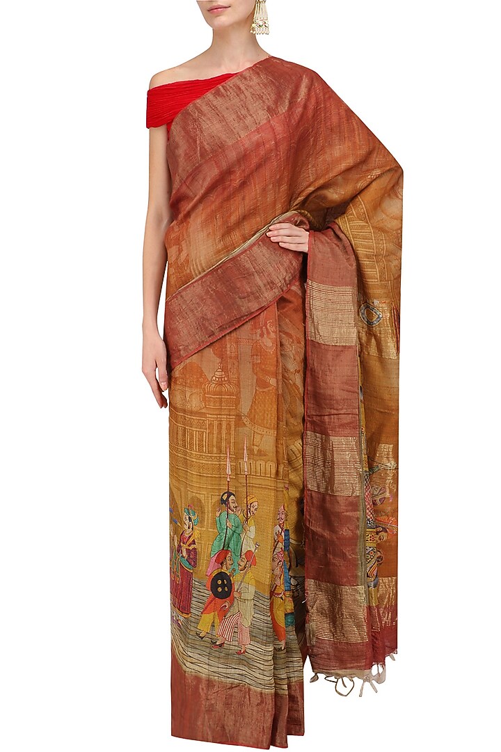 Rust and yellow ombre shaded saree with unstitched blouse piece available only at Pernia's Pop Up Shop.