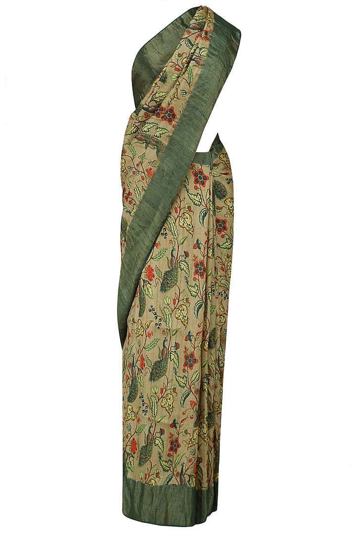 Beige floral print and green border saree with unstitched blouse piece available only at Pernia's Pop Up Shop.