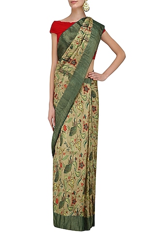 Beige Floral Print and Green Border Saree with Unstitched Blouse Piece by Karma Designs