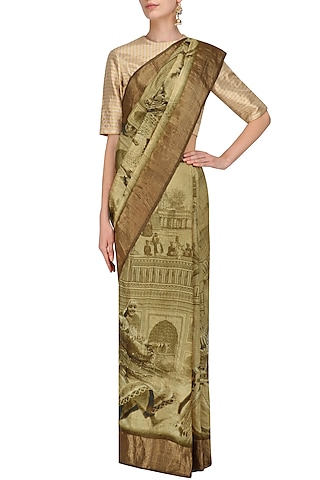 Gold Printed Saree with Unstitched Blouse Piece by Karma Designs