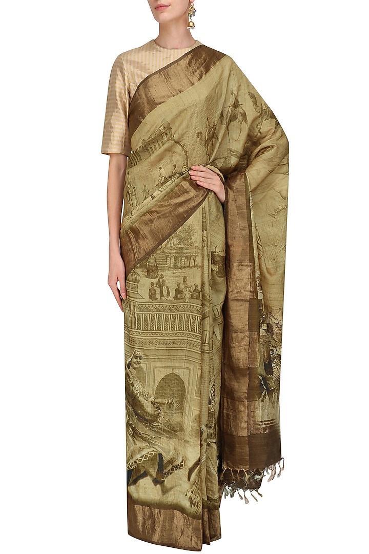 Gold printed saree with unstitched blouse piece available only at Pernia's Pop Up Shop.