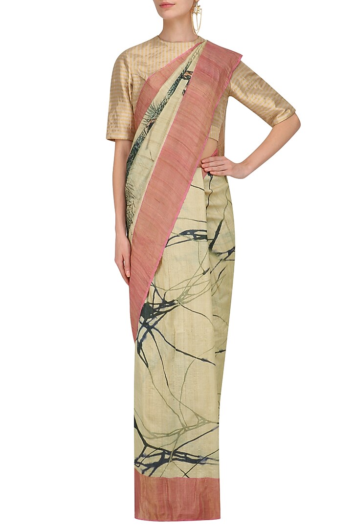 Beige abstract print saree with unstitched blouse piece available only at Pernia's Pop Up Shop.
