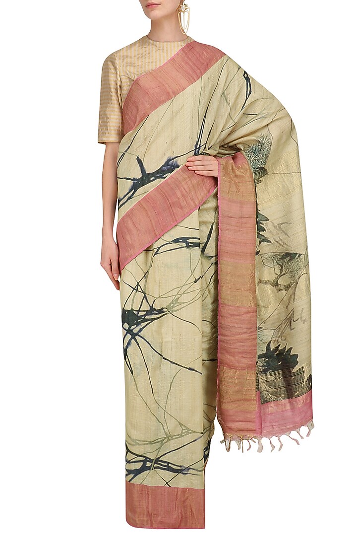 Beige abstract print saree with unstitched blouse piece available only at Pernia's Pop Up Shop.