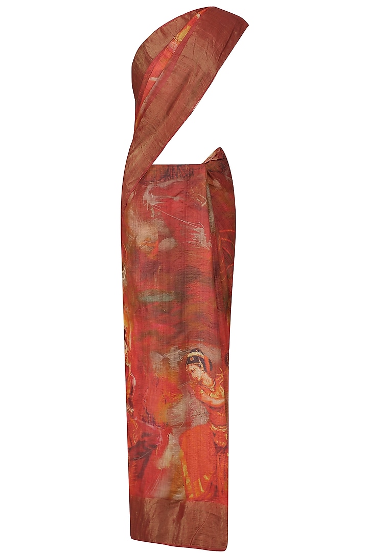 Red Human Print Saree with Unstitched Blouse Piece by Karma Designs