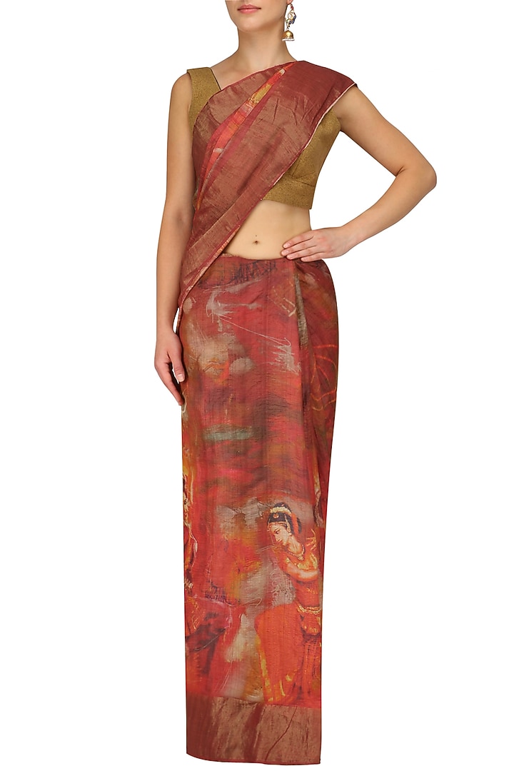 Red human print saree with unstitched blouse piece available only at Pernia's Pop Up Shop.