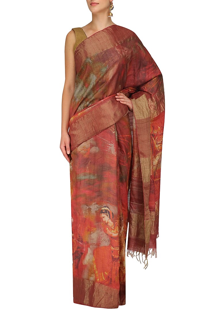 Red human print saree with unstitched blouse piece available only at Pernia's Pop Up Shop.