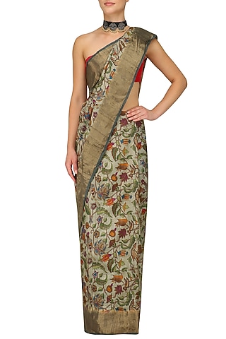 Beige Floral Print and Gold Border Saree with Unstitched Blouse Piece by Karma Designs