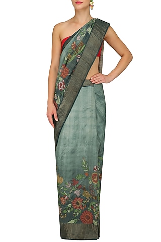 Green Floral Work Shaded Saree with Unstitched Blouse Piece by Karma Designs