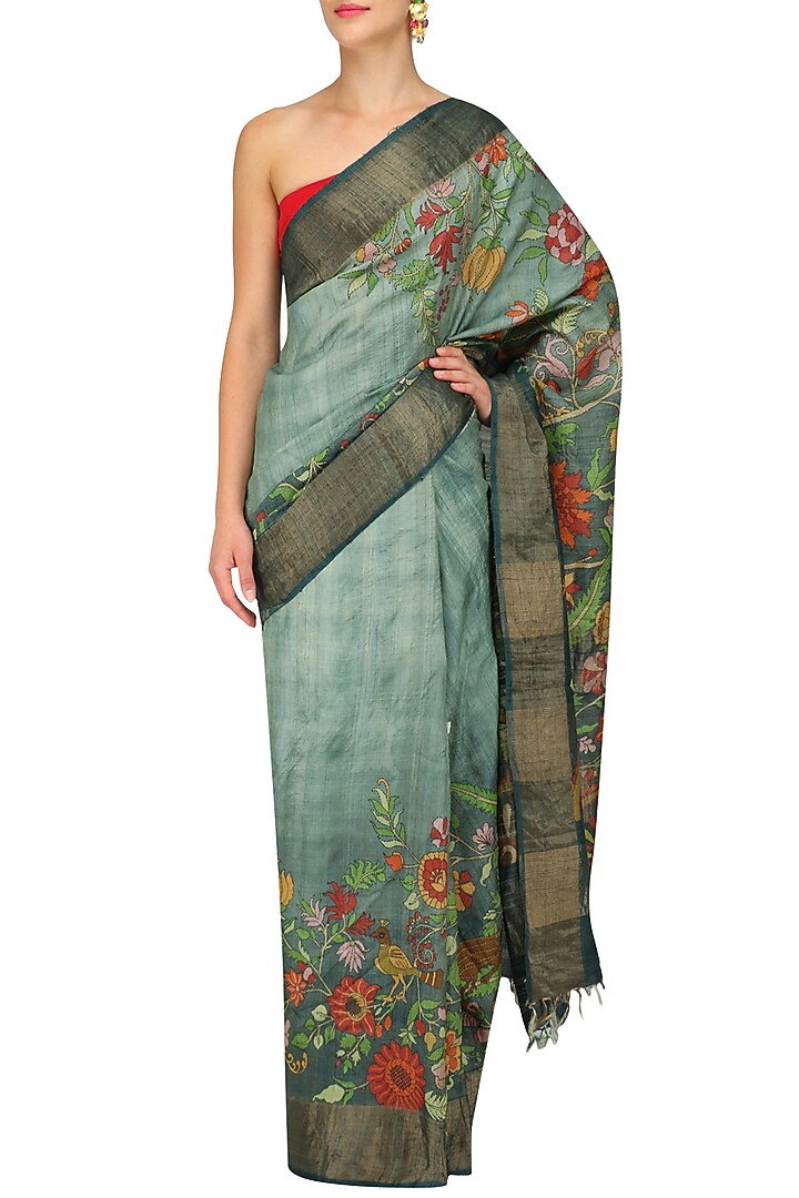 Green floral work shaded saree with unstitched blouse piece available only at Pernia's Pop Up Shop.