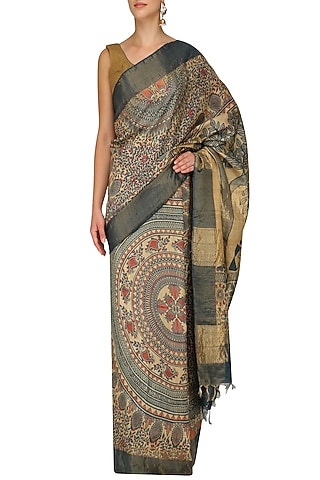 Beige And Grey Paisley Print Saree With Unstitched Blouse by Karma Designs