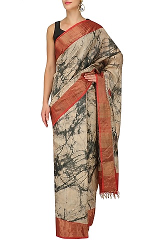 Beige And Grey Abstract Print Saree With Unstitched Blouse by Karma Designs
