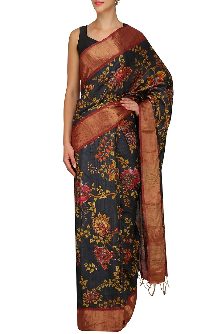 Dark blue floral print saree with unstitched blouse available only at Pernia's Pop Up Shop.
