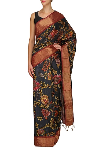 Dark Blue Floral Print Saree With Unstitched Blouse by Karma Designs