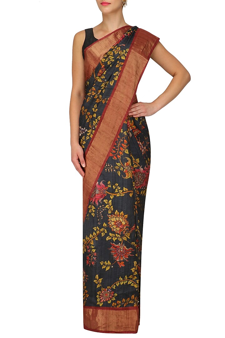 Dark blue floral print saree with unstitched blouse available only at Pernia's Pop Up Shop.