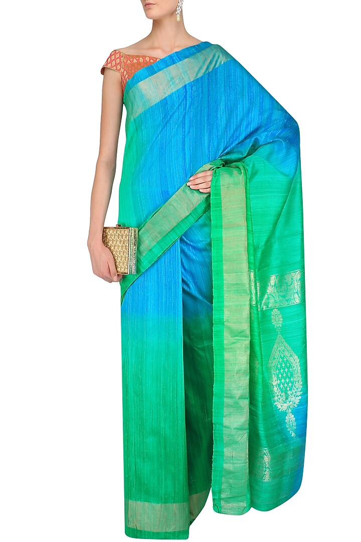 Blue and green shaded handloom saree available only at Pernia's Pop Up Shop.