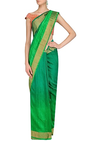 Sea Green and Parrot Green Shaded Handloom Saree by Karma Designs
