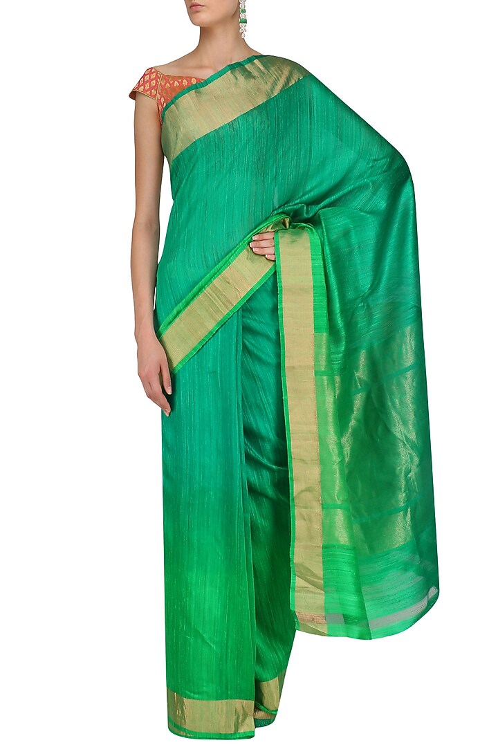 Sea green and parrot green shaded handloom saree available only at Pernia's Pop Up Shop.