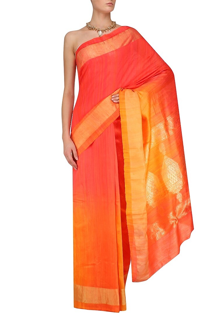 Bright orange and yellow shaded handloom saree available only at Pernia's Pop Up Shop.