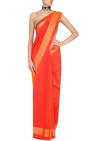 Bright Red and Gold Border Handloom Saree by Karma Designs