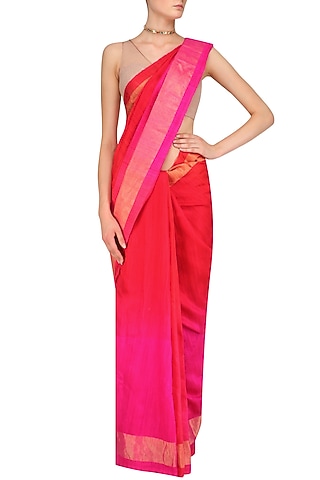 Red and Hot Pink Shaded Handloom Saree by Karma Designs