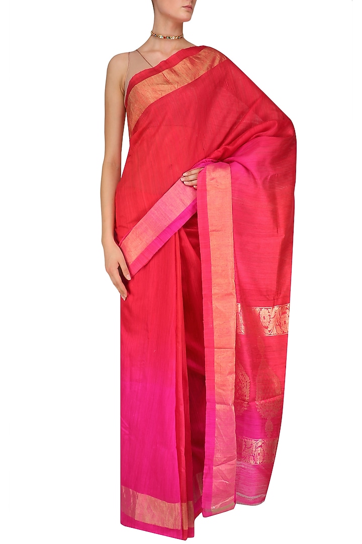 Red and hot pink shaded handloom saree available only at Pernia's Pop Up Shop.