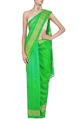 Green Printed Motifs Handloom Saree by Karma Designs