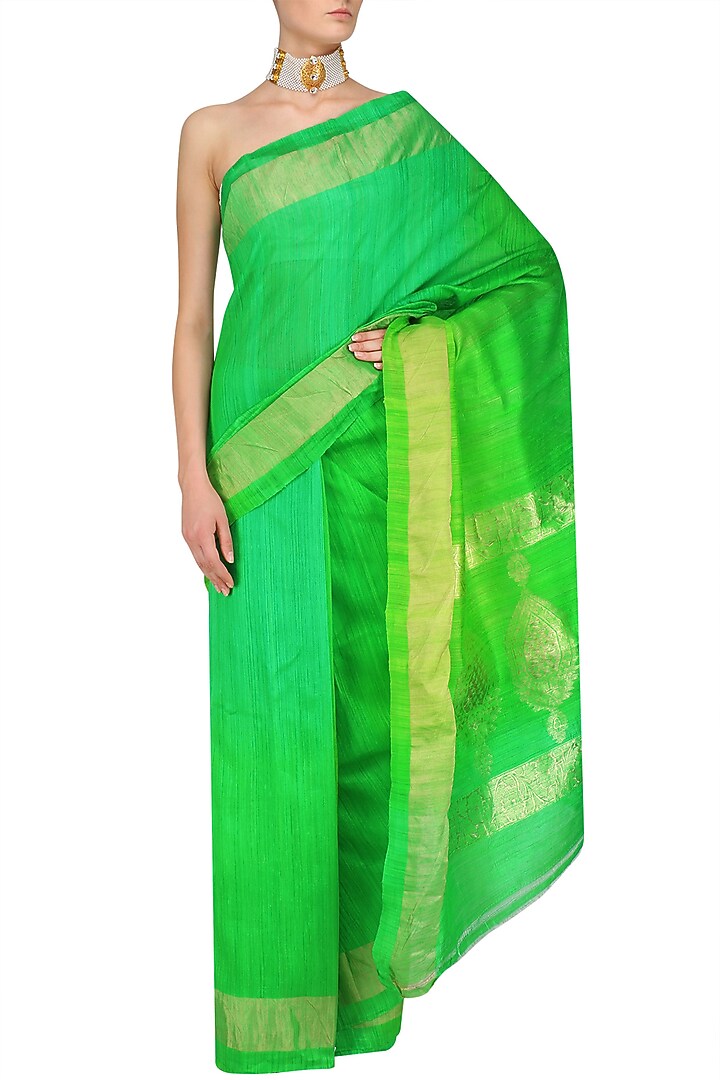Green printed motifs handloom saree available only at Pernia's Pop Up Shop.