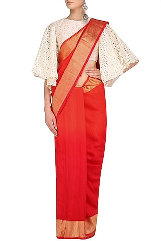 Red and Gold Printed Motifs Handloom Saree by Karma Designs